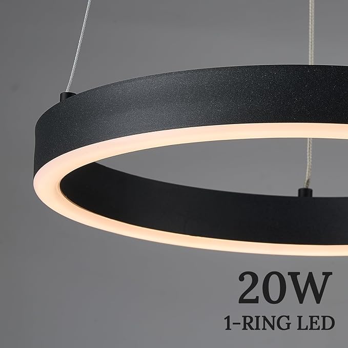 12in LED Ring Chandelier Black Modern Dimmable Pendant Light Height Adjustable Circular Hanging Ceiling Fixture for Kitchen Island Dining Table Entryway Sink