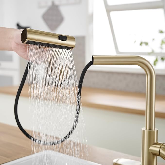 Gold Kitchen Faucets with Pull Down Sprayer,Waterfall Kitchen Sink Faucet,Commercial Utility Stainless Steel Kitchen Faucets,Single Handle Kitchen Sink Faucet with Pull Down Sprayer for 3 Function