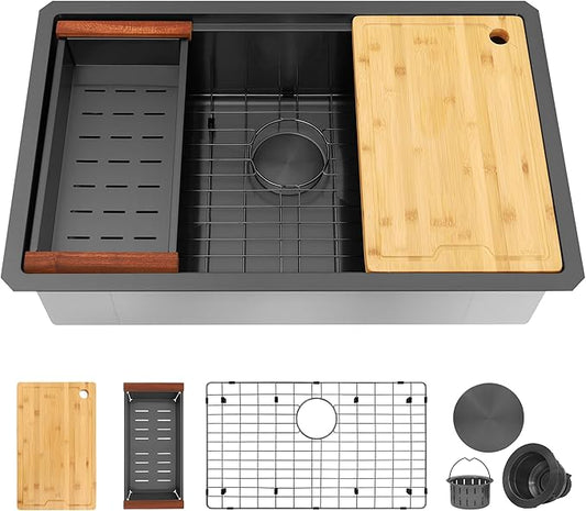 30 Inch Undermount Black Kitchen Sink,16 Gauge Stainless Steel Kitchen Sink Single Bowl, 30"x19"x9" Ledge Workstation Sinks With All Accessories, Multi-Functional Workstation Sinks