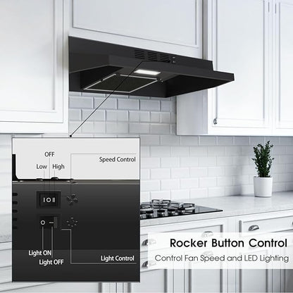 Under Cabinet Range Hood 30 inch, Ducted/Ductless Convertible Kitchen Stove Hood, Stainless Steel Vent Hood w/Rocker Button Control, 2 Speeds Exhaust Fan, 280CFM, Black