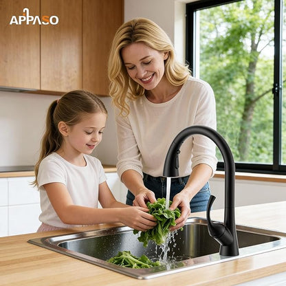 APPASO Black Kitchen Faucet One Hole, 3-Mode Pull Down Sprayer, 360° Swivel, 20-Inch Hose, Single Handle High Arc Matte Black Modern Faucet for 1 or 3-Hole Kitchen Sink, Spot Resist, Easy to Install