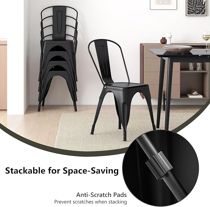 COSTWAY 18 Inch Dining Chair Set of 4, Industrial Vintage Stackable Metal Chairs, Armless Counter Bar Chairs with High Backrest for Home, Kitchen and Cafe Bar Use