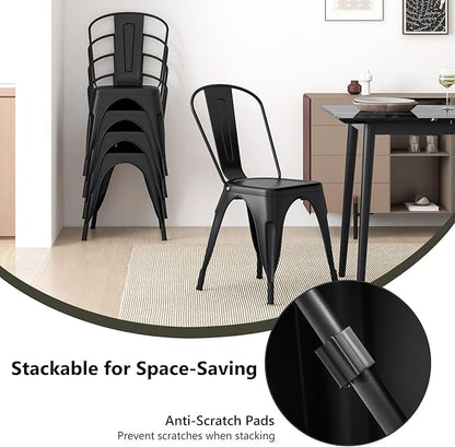 COSTWAY 18 Inch Dining Chair Set of 4, Industrial Vintage Stackable Metal Chairs, Armless Counter Bar Chairs with High Backrest for Home, Kitchen and Cafe Bar Use