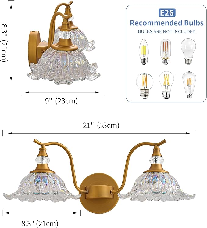 Vintage Bathroom Vanity Light Fixtures - 2 Light Iridescent Flower Glass Antique Brass Bathroom Lights Fixture Over Mirror,Retro Brushed Gold Bronze Wall-Mounted Vanity Lighting for Powder Room