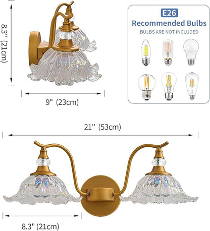 Vintage Bathroom Vanity Light Fixtures - 2 Light Iridescent Flower Glass Antique Brass Bathroom Lights Fixture Over Mirror,Retro Brushed Gold Bronze Wall-Mounted Vanity Lighting for Powder Room