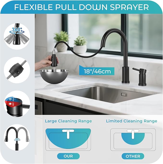 Pull Down Kitchen Faucet 2 Hole - Matte Black Single Handle Kitchen Faucets, High Arc Stainless Steel Pull Out Kitchen Sink Faucet for RV Laundry Farmhouse Bar