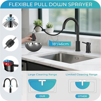 Pull Down Kitchen Faucet 2 Hole - Matte Black Single Handle Kitchen Faucets, High Arc Stainless Steel Pull Out Kitchen Sink Faucet for RV Laundry Farmhouse Bar