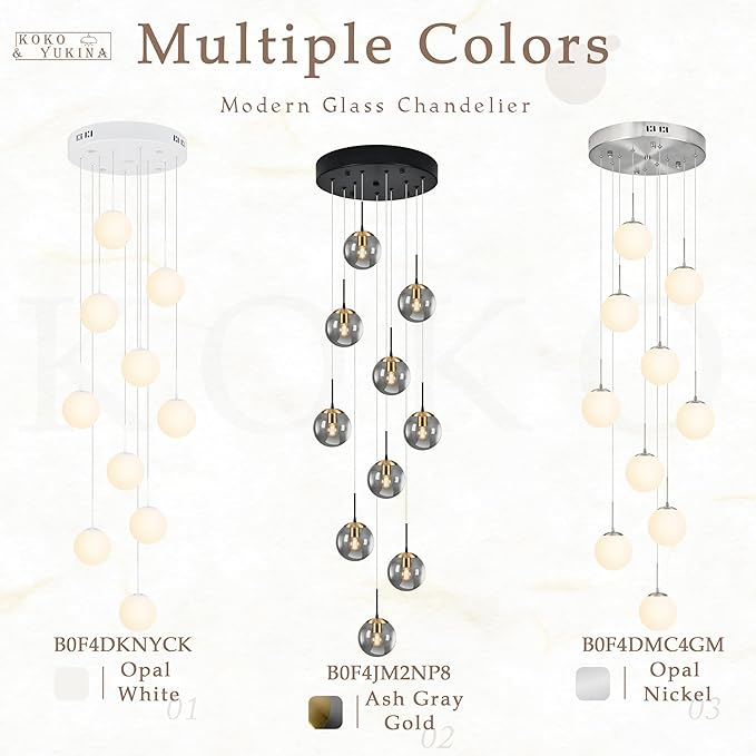 KoKo&Yukina Gold 10-Light Chandelier Modern Stairwell Lighting Adjustable Globe Cluster Lights with Grey Glass for Staircase