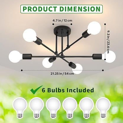 Modern Sputnik Chandelier Ceiling Light Fixtures, 6-Lights 22” Mid Century Industrial Metal Semi Flush Mount for Dining Room, Bedroom, Living Room, 6 Globe Bulbs