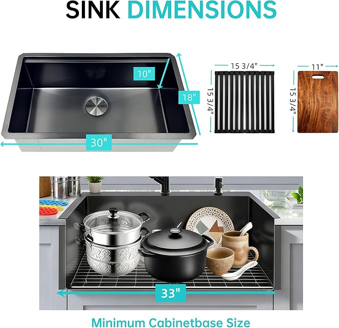 30 Inch Drop in Kitchen Sink Undermount Stainless Steel Kitchen Sinks,16 Gauge Top Mount Single Bowl Workstation Sink,Deep Handmade Kitchen Sink with Cutting Board & Strainer,Nano-coating,Black