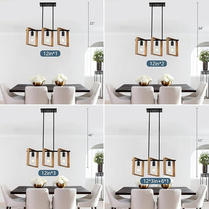 9MMML 3 Lights Kitchen Island Lighting, Black 3 Lights Dining Room Chandelier,Wood Frame Pendant Light for Living Room Foyer Entryway Hallway,E26