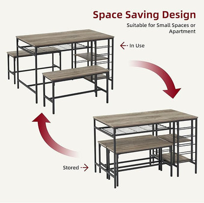 Garvee Dining Table Set for 4, Kitchen Table Set for 4 with 2 Benches, 3 Piece Dining Room Table Set for Small Space Apartment, Grey