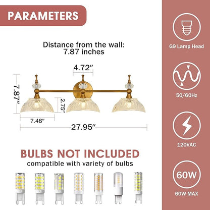 Vintage Bathroom Light Fixtures Gold Bathroom Vanity Light with Glass Shade G9 Bulb Wall Sconces Lighting for Bedroom Living Room Kitchen Hallway