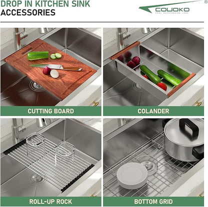 28x22 Drop In Kitchen Sink with Faucet Combo Workstation 16 Gauge Stainlee Steel Single Bowl Kitchen Sinks Large Deep Round Corner Handmade Overmount Topmount Sink Basin