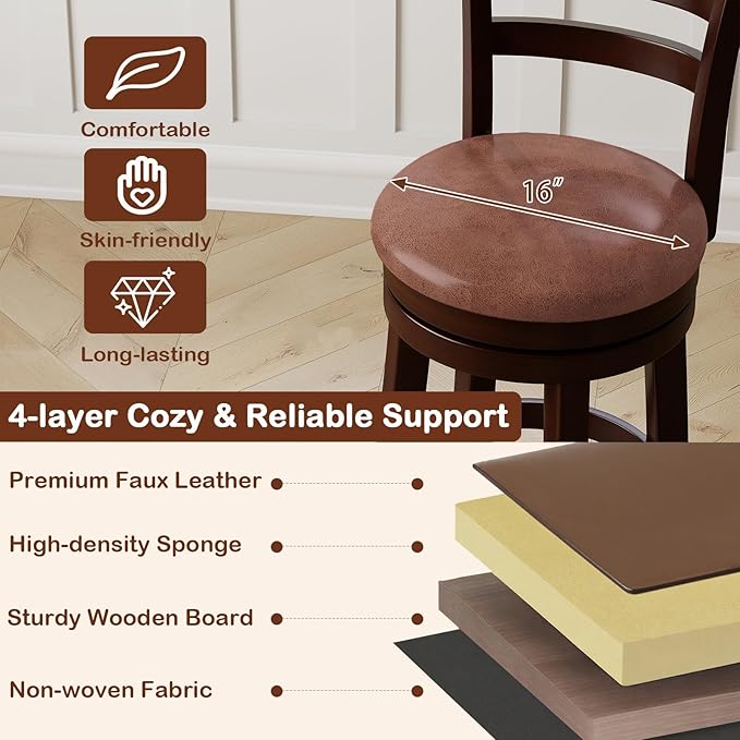 Giantex Swivel Bar Stools Set of 2, 26" Upholstered Counter Height Bar Chairs w/High Backrest, Faux Leather Seat, Solid Rubber Frame & Wrap-Around Footrest, Wooden Barstools for Kitchen Island, Pub
