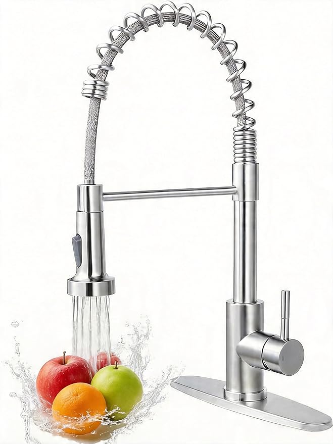 Friho Brushed Nickel Kitchen Faucets with Pull Down Sprayer, Stainless Steel Single Handle Kitchen Faucet, 1 Hole Or 3 Hole Dual Function Spring Pull Out Sink Faucets for Farmhouse RV Camper Laundry