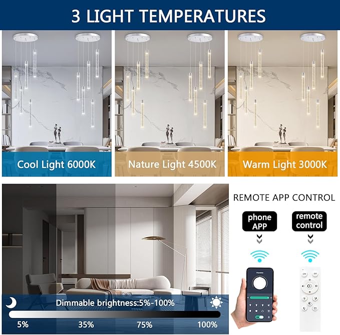 5-Lights Modern Crystal Chandelier for Dining Room LED Pendant Lights Kitchen Island Lighting Dimmable Ceiling Hanging 3000K-6000K