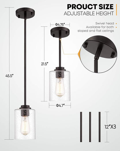 Beionxii Glass Pendant Light | Farmhouse Mini Pendant Lighting for Kitchen Island Dining Room Over The Sink, Oil Rubbed Bronze with Bubble Glass - DMD9002-1H/1PK