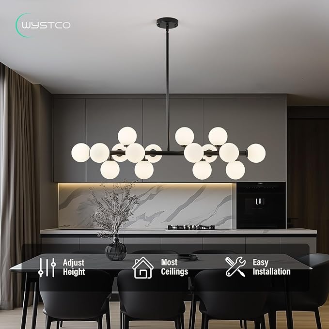 16-Light Globe Sputnik Chandelier, Mid Century Modern Light Fixture Over Table, Black Linear Chandeliers for Dining Room and Kitchen Island (Milk White Glass Bubble Shades, 40 Inch)