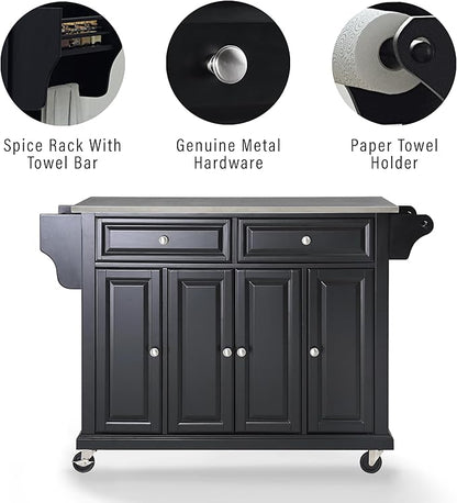 Crosley Furniture Full Size Stainless Steel Rolling Kitchen Island Storage Cart, Microwave Stand, Spice Rack, Black
