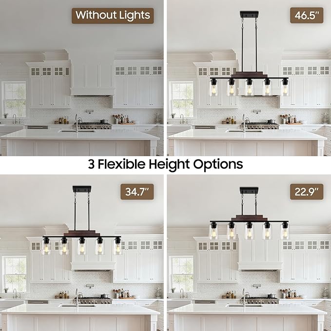 Dining Room Light Fixture Over Table, 5-Light Farmhouse Chandeliers for Dining Room Hanging, Linear Pendant Lights Kitchen Island Lighting, Wood Ceiling Light Fixture with Clear Glass Shade, Black