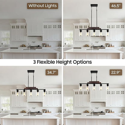 Dining Room Light Fixture Over Table, 5-Light Farmhouse Chandeliers for Dining Room Hanging, Linear Pendant Lights Kitchen Island Lighting, Wood Ceiling Light Fixture with Clear Glass Shade, Black