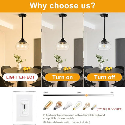 Modern Pendant Lights for Kitchen Island, Black Pendant Light Fixtures with 8.5" Clear Glass Shade, Industrial Hanging Pendant Lights Fixture for Kitchen Island Dining Room Bedroom Entryway 1 Pack