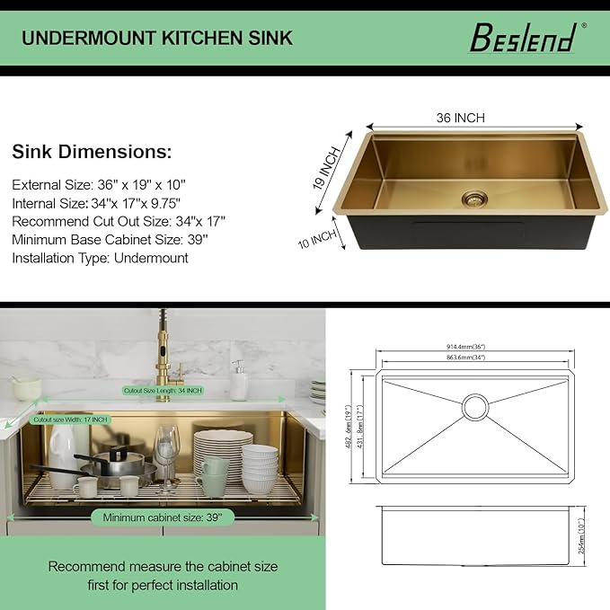36x19 Undermount Gold Kitchen Sink - Beslend Stainless Steel Ledge Workstation Kitchen Sinks Gold Sink 16 Gauge Single Bowl Underount Basin