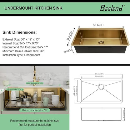36x19 Undermount Gold Kitchen Sink - Beslend Stainless Steel Ledge Workstation Kitchen Sinks Gold Sink 16 Gauge Single Bowl Underount Basin