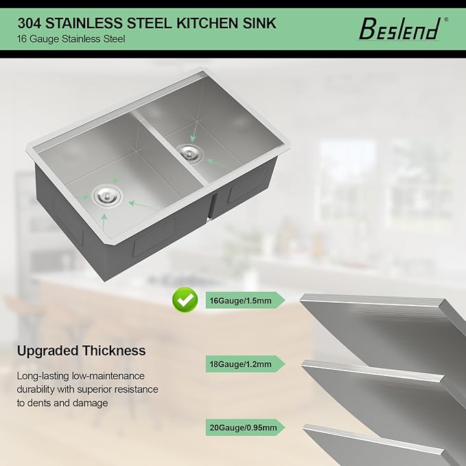 30 Undermount Kitchen Sink - 30x19 Double Bowl Kitchen Sinks Workstation 16 Gauge Stainless Steel Sink Low Divide Double Basin 60/40