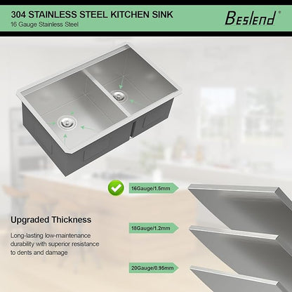 30 Undermount Kitchen Sink - 30x19 Double Bowl Kitchen Sinks Workstation 16 Gauge Stainless Steel Sink Low Divide Double Basin 60/40