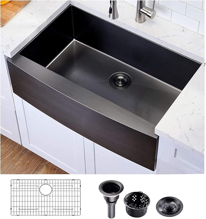 Hotis Black Farmhouse Sink, 33 Inch Farm Sink, Apron-Front 304 Stainless Steel Farmhouse Kitchen Sinks, 33x22 Inch Undermount Single Bowl Undermount With Dish Grid