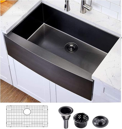 Hotis Black Farmhouse Sink, 33 Inch Farm Sink, Apron-Front 304 Stainless Steel Farmhouse Kitchen Sinks, 33x22 Inch Undermount Single Bowl Undermount With Dish Grid