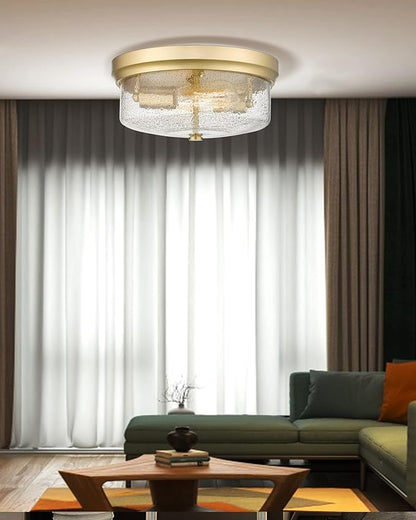 Gold Close to Ceiling Light Fixtures, 12 inch Flush Mount Hallway Light Fixture Gold Finish with Seeded Glass Shade Bedroom Ceiling Lights for Dining Room Kitchen Laundry Bathroom
