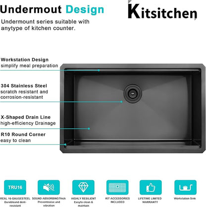 Kitsitchen Black Undermount Kitchen Sink, Black Stainless Steel Kitchen Sink, 32 Inch Large and Deep Handmade Single Bowl Kitchen Sinks with Practical Accessories, 16G Stainless Steel Material