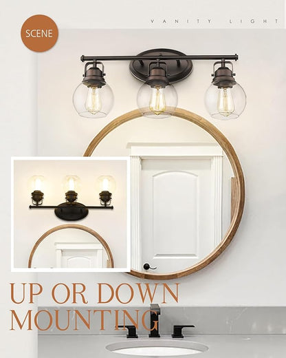 Farmhouse Bathroom Vanity Light, 3-Light Wall Mounted Vanity Lighting Fixture Over Mirror, Metal Frame with Globe Clear Glass, Oil Rubbed Bronze, AD-2148-3W