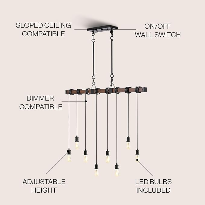 JONATHAN Y 40" Brown Wood Finish and Black 8-Light Iron Linear Chandelier, Vintage Industrial Driftwood Island Light for Dining Room Kitchen Table, LED Bulbs Included JYL1330A