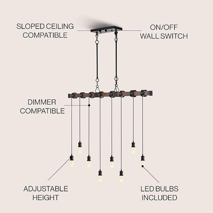 JONATHAN Y 40" Brown Wood Finish and Black 8-Light Iron Linear Chandelier, Vintage Industrial Driftwood Island Light for Dining Room Kitchen Table, LED Bulbs Included JYL1330A