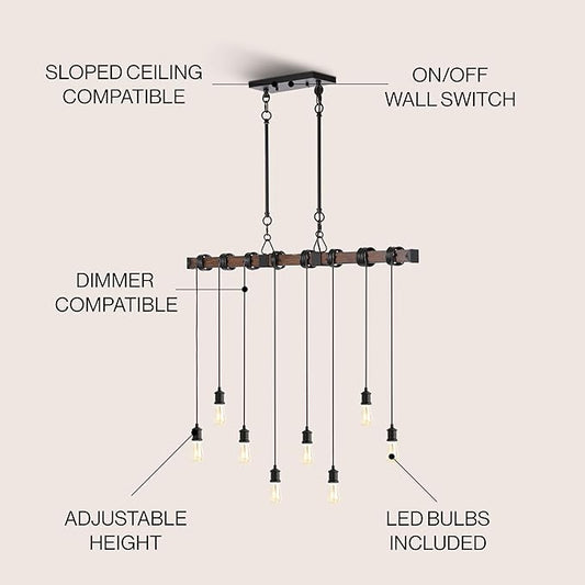 JONATHAN Y 40" Brown Wood Finish and Black 8-Light Iron Linear Chandelier, Vintage Industrial Driftwood Island Light for Dining Room Kitchen Table, LED Bulbs Included JYL1330A