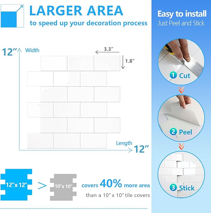 STICKGOO Peel and Stick Backsplash Subway Tiles, 10 Sheets of 12" x 12" - 3D Adhesive Peel and Stick Tile Backsplash for Kitchen, Bathroom, Wall Tile (Thicker Design, Bright Glossy White)