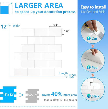 STICKGOO Peel and Stick Backsplash Subway Tiles, 10 Sheets of 12" x 12" - 3D Adhesive Peel and Stick Tile Backsplash for Kitchen, Bathroom, Wall Tile (Thicker Design, Bright Glossy White)