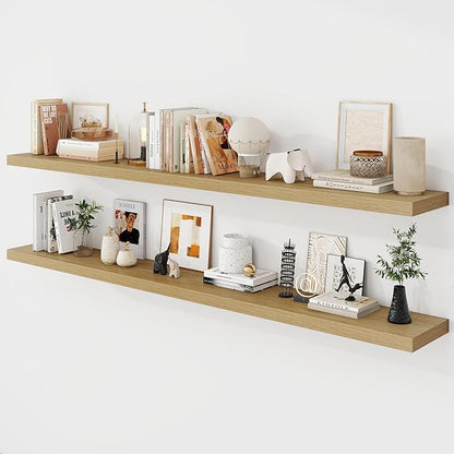 Acovy 72 Inch Floating Shelves, 9.3" Deep Floating Shelf Wall Mounted, 72" Wall Shelves, Rustic Deep Bookshelf, Large Display Shelves & Storage Shelves for Bedroom, Living Room, Oak, Set of 2