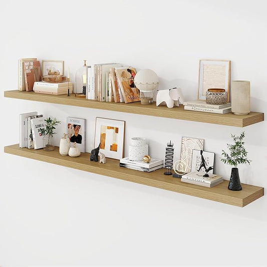 Acovy 72 Inch Floating Shelves, 9.3" Deep Floating Shelf Wall Mounted, 72" Wall Shelves, Rustic Deep Bookshelf, Large Display Shelves & Storage Shelves for Bedroom, Living Room, Oak, Set of 2