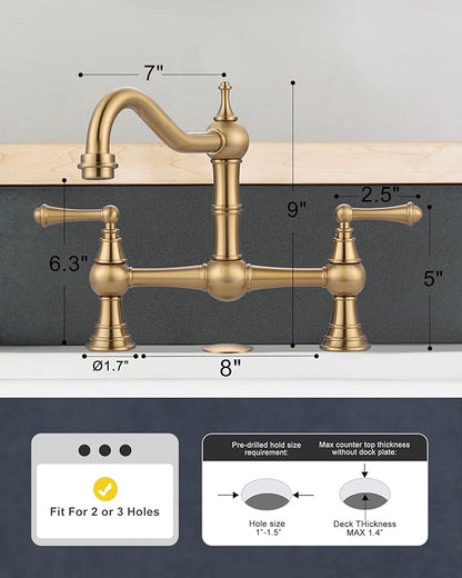 WOWOW Gold Bridge Kitchen Faucet 2 Hole Antique Brass Bridge Faucet 2 Handle 8 Inch Centerset Farmhouse Kitchen Sink Faucet 360° Swivel Vintage Tap