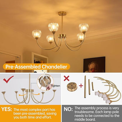 Shenmoyl 30.31" Brass Gold Chandelier, 5-Light Chandelier Light with Clear Tulip Glass Lampshade, Height Adjustable Vintage Chandeliers for Dining Room Living Room Kitchen Island