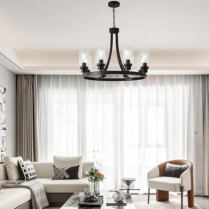 Black Wagon Wheel Chandelier 8 Lights, Rustic Chandelier Kitchen Island Lighting Industrial Chandelier with Clear Glass Shade, Farmhouse Pendant Light for Dining Room Living Room Bedroom