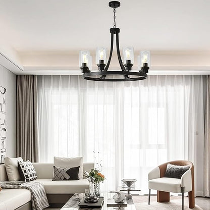 Black Wagon Wheel Chandelier 8 Lights, Rustic Chandelier Kitchen Island Lighting Industrial Chandelier with Clear Glass Shade, Farmhouse Pendant Light for Dining Room Living Room Bedroom
