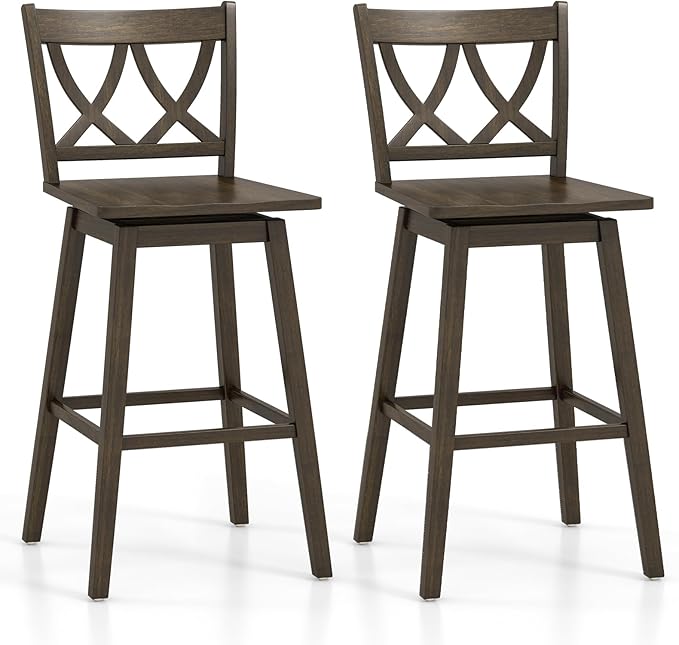 Giantex 29" Bar Stools Set of 2, Swivel Wooden Bar Chairs with Rubber Wood Frame, Footrest & Ergonomic Backrest, Bar Height Barstools for Kitchen Island, Restaurant & Pub, Dark Grey