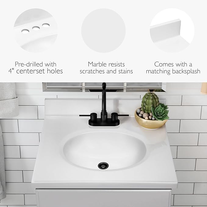 Design House Vanity Top With Sink, 4-Inch Backsplash, Cultured Marble, Stain-Resistant, Pre-Drilled Centerset Holes, White, 25 in W x 19 in D x 10.4 in H, 586180