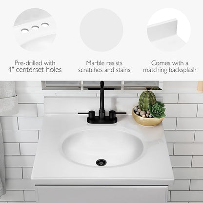 Design House Vanity Top With Sink, 4-Inch Backsplash, Cultured Marble, Stain-Resistant, Pre-Drilled Centerset Holes, White, 25 in W x 19 in D x 10.4 in H, 586180